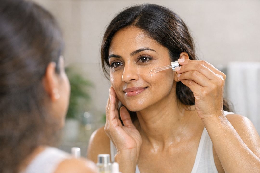 Indian woman in her 30s applying face serum in front of a mirror, with gentle fine lines visible