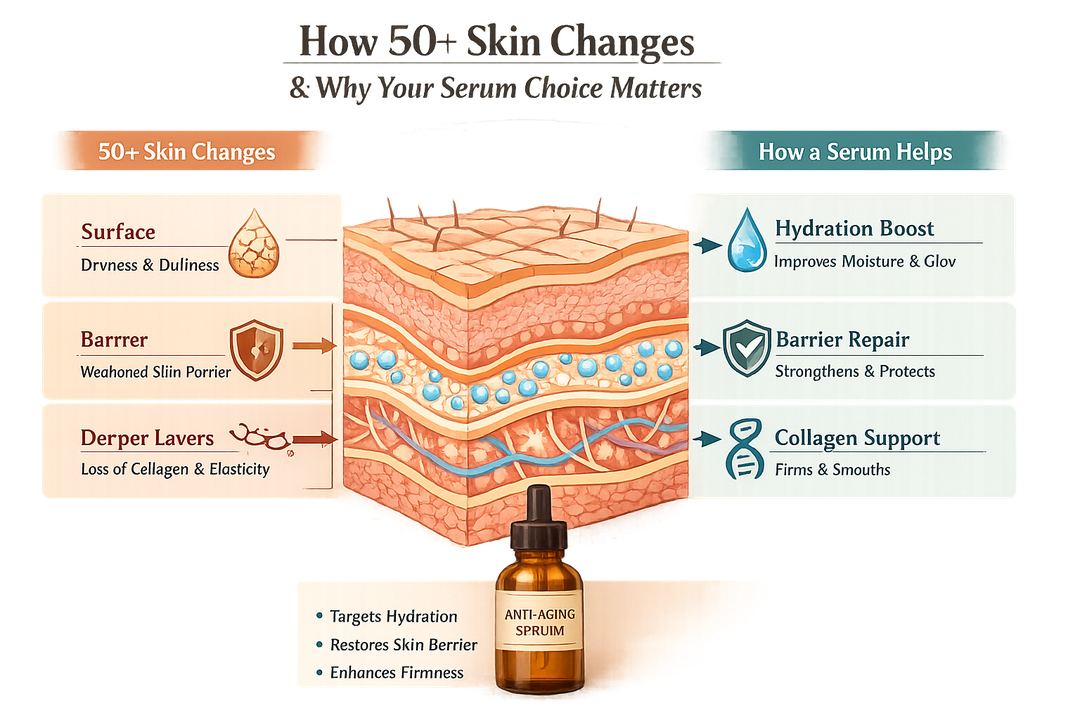 Infographic explaining how skin changes after 50 and how a serum supports hydration, barrier and tone.