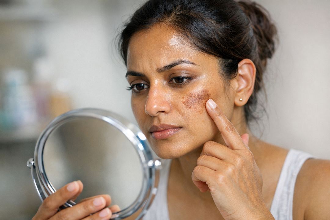 Indian woman with combination skin examining pigmentation spots on her cheeks in a mirror
