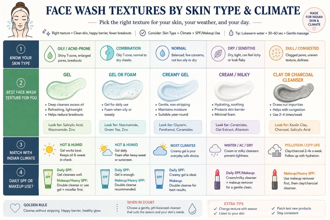 Infographic showing how to match face wash textures to skin types and Indian climates.