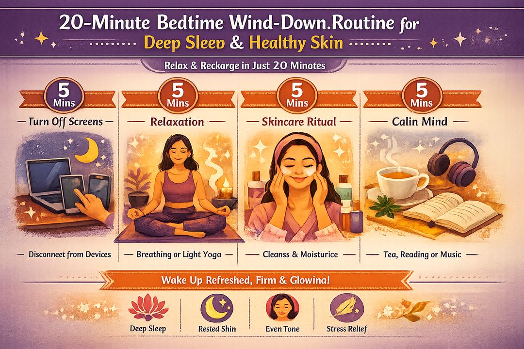 Infographic showing a 20-minute bedtime wind-down routine for deep sleep and better 30s skin