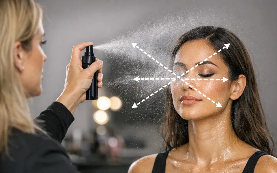 Makeup artist spraying setting spray in an X and T motion over a model’s face.