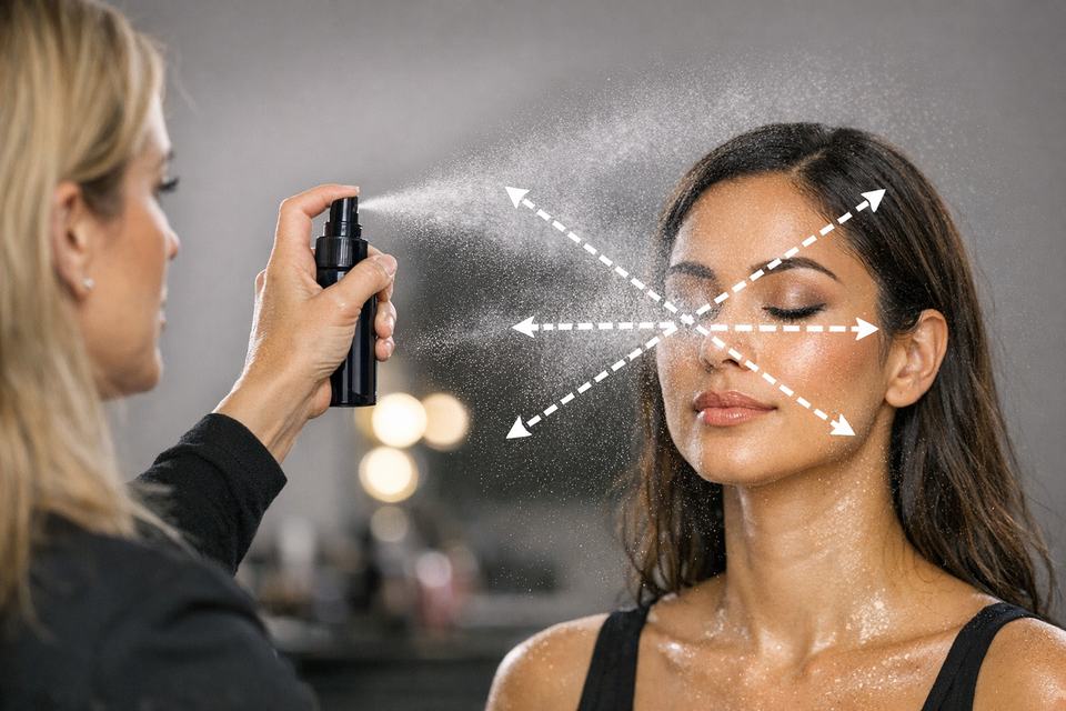 Makeup artist spraying setting spray in an X and T motion over a model’s face.