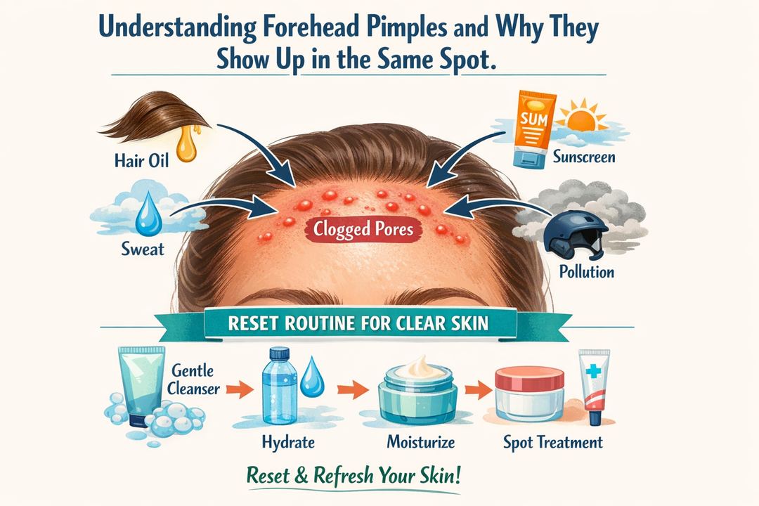 Infographic of a forehead showing arrows from hair oil, sweat, sunscreen, pollution and helmets to clogged pores, plus a simple gentle reset routine.