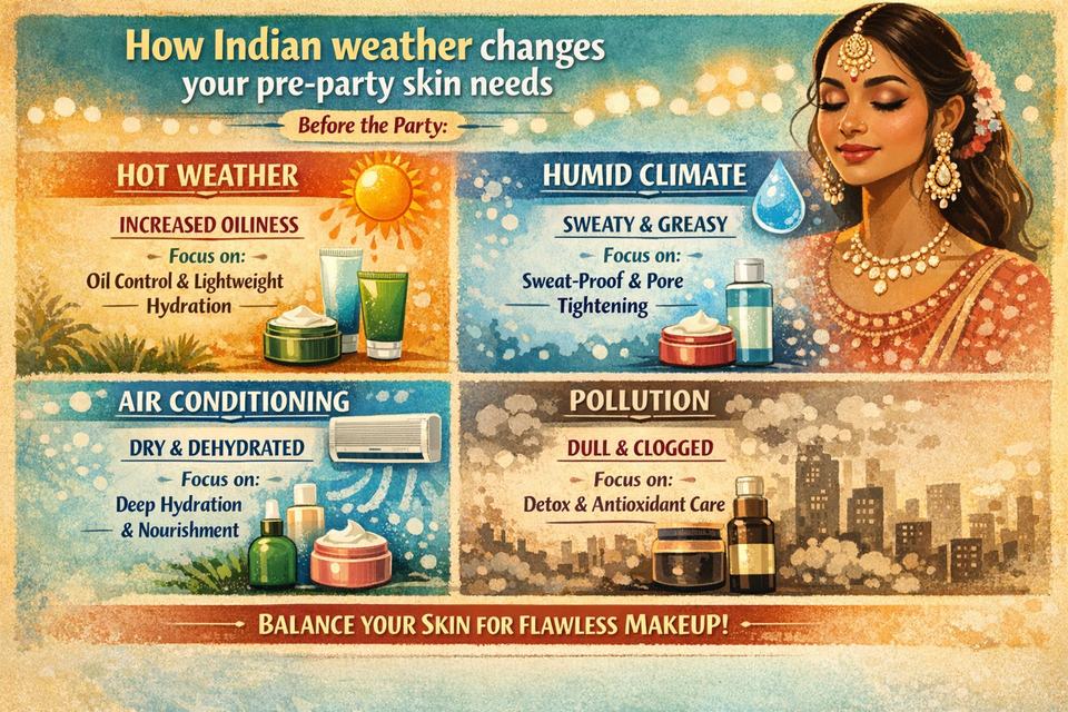 Infographic showing how Indian heat, humidity, AC and pollution affect skin oiliness and hydration before a party.