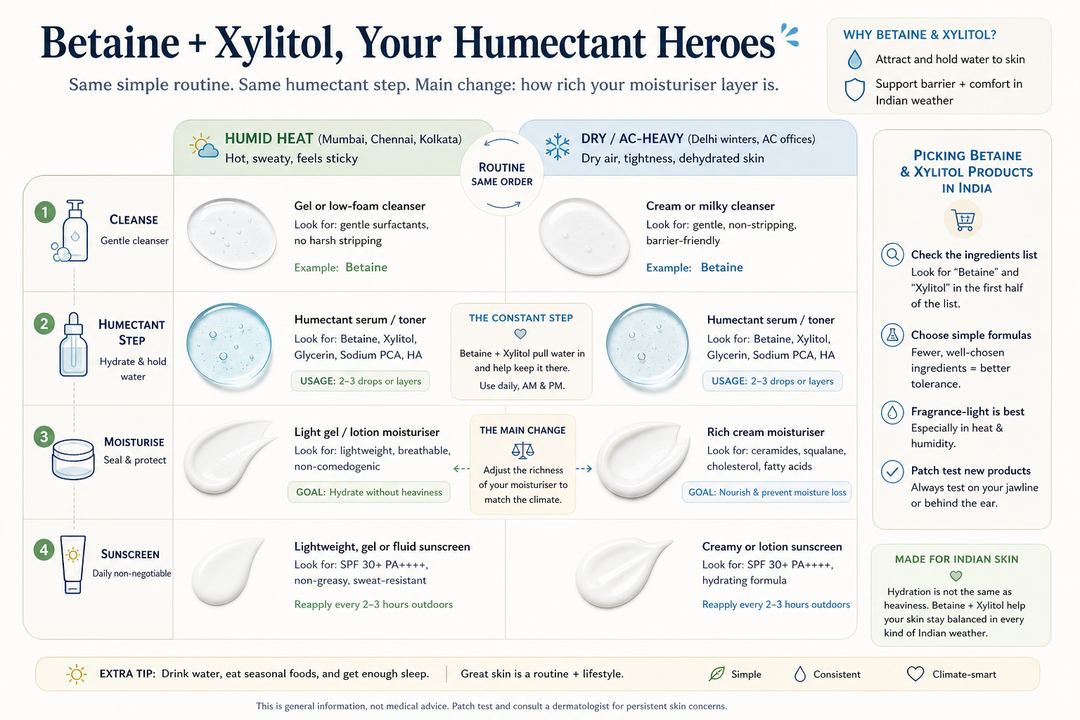 Infographic comparing a simple skincare routine using betaine and xylitol in humid versus dry Indian weather.