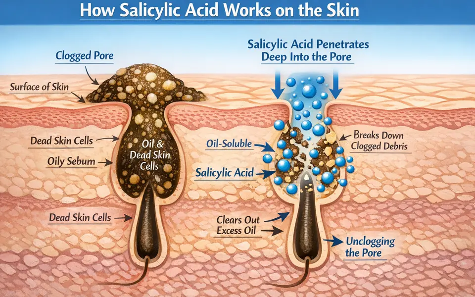Illustration showing salicylic acid penetrating into a clogged pore