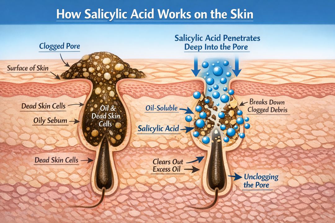 Illustration showing salicylic acid penetrating into a clogged pore