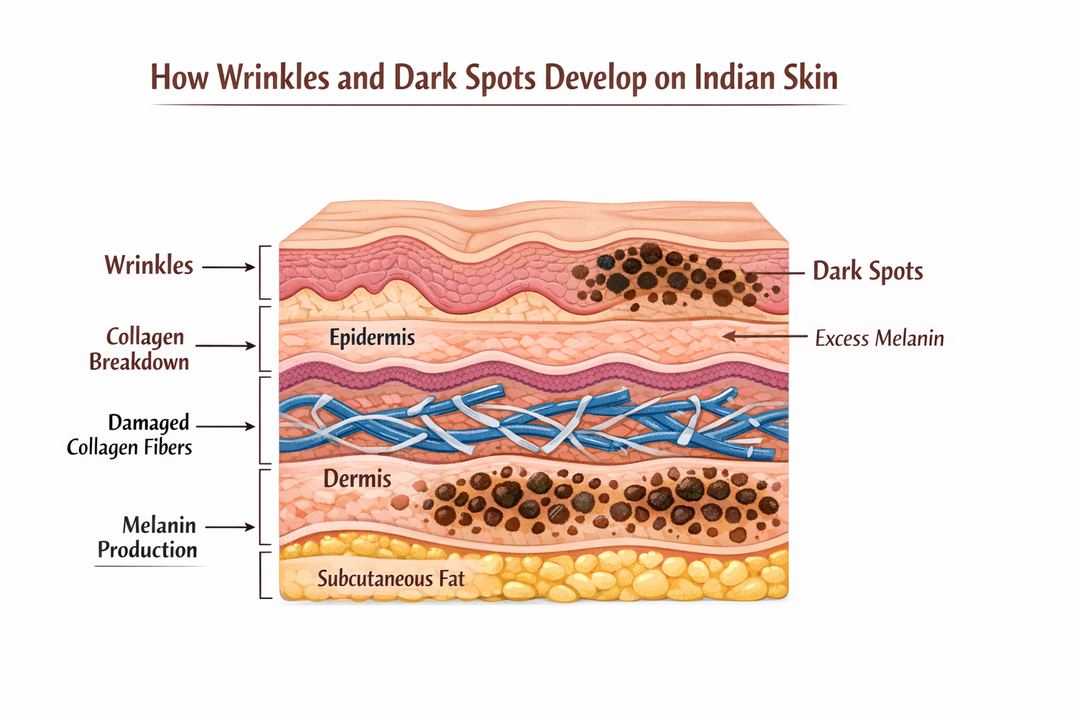 Illustration of Indian skin cross-section showing collagen fibers and melanin distribution linked to wrinkles and dark spots.