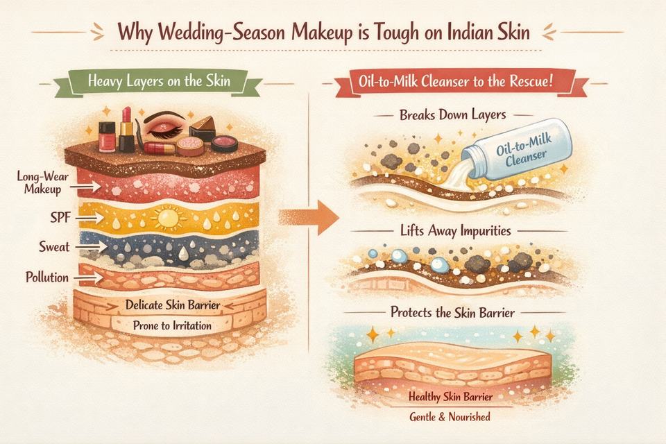 Infographic showing layers of Indian wedding makeup, SPF, sweat and pollution on skin, and how an oil-to-milk cleanser lifts them off without damaging the barrier.