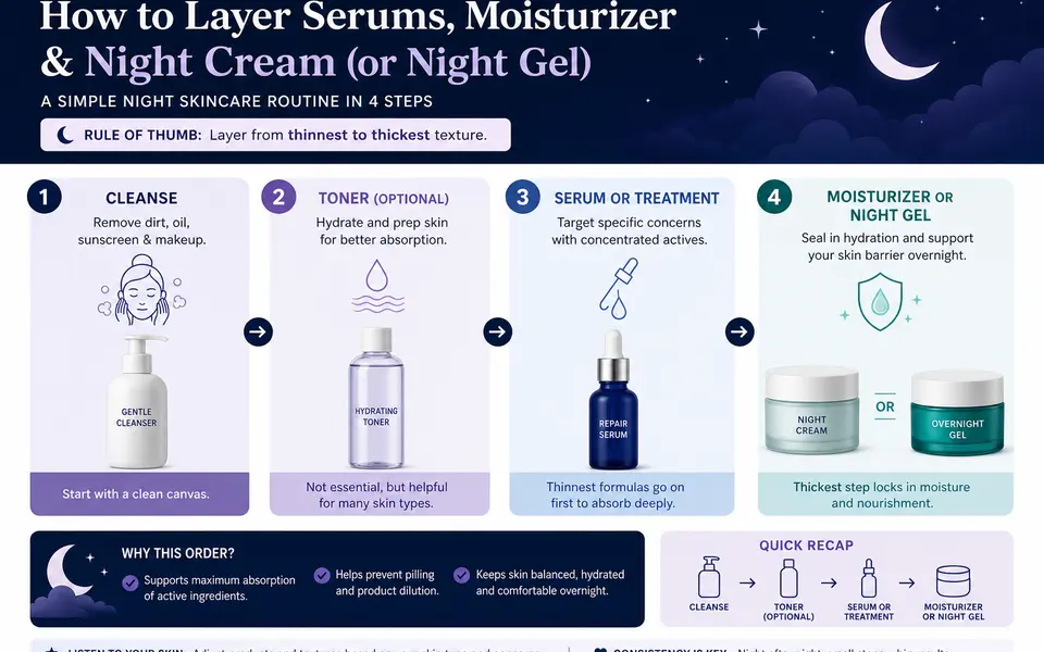 Diagram showing a simple night skincare routine order: cleanser, optional toner, serum or treatment, then moisturizer or night gel.