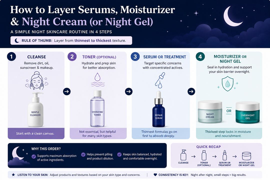Diagram showing a simple night skincare routine order: cleanser, optional toner, serum or treatment, then moisturizer or night gel.