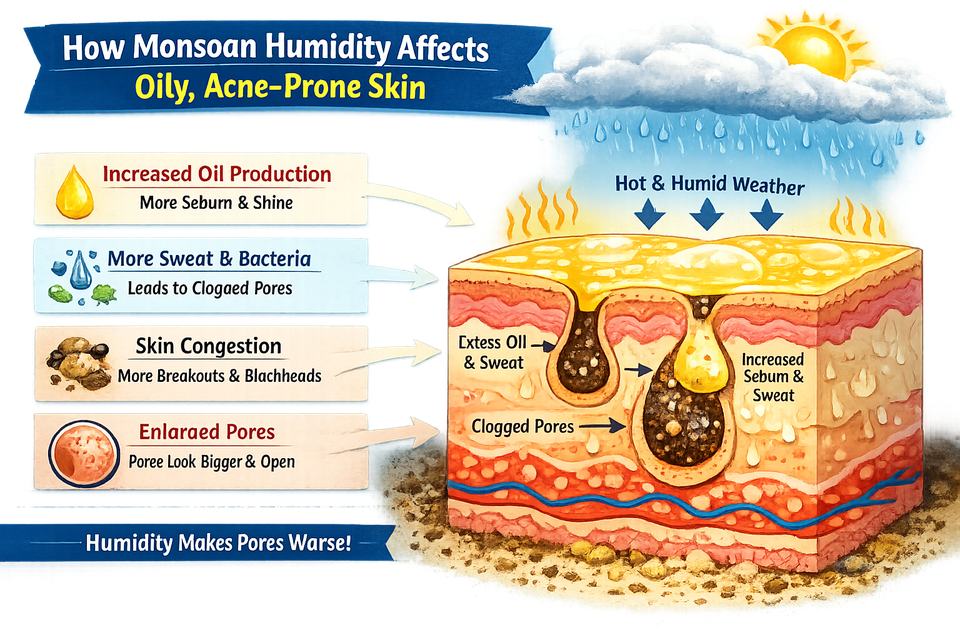 Infographic showing how monsoon heat and humidity increase oil, sweat, congestion and the look of open pores on oily, acne-prone skin.