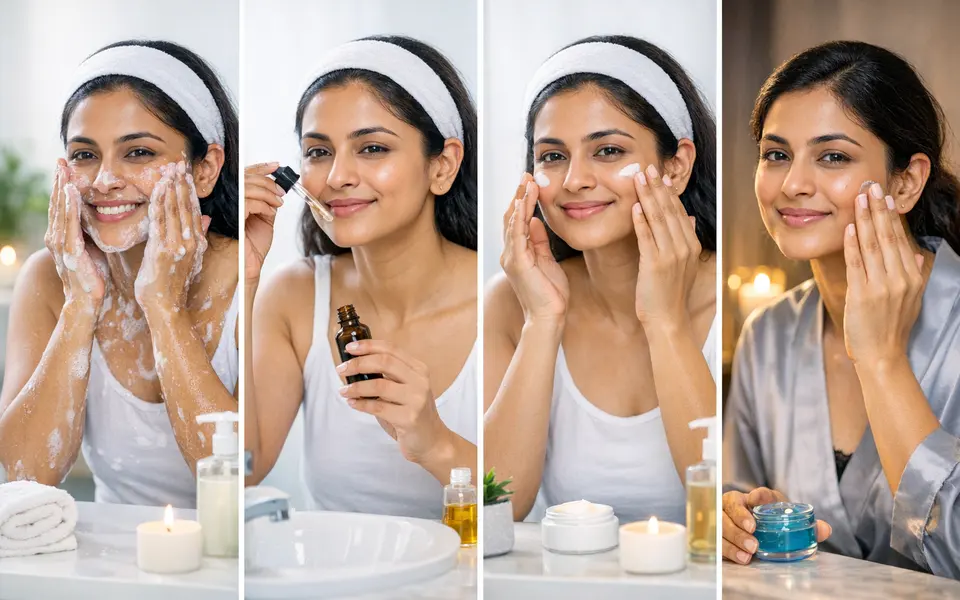 Indian woman following a four-step skincare ritual with cleanser, serum, day cream and night gel at a bathroom sink.