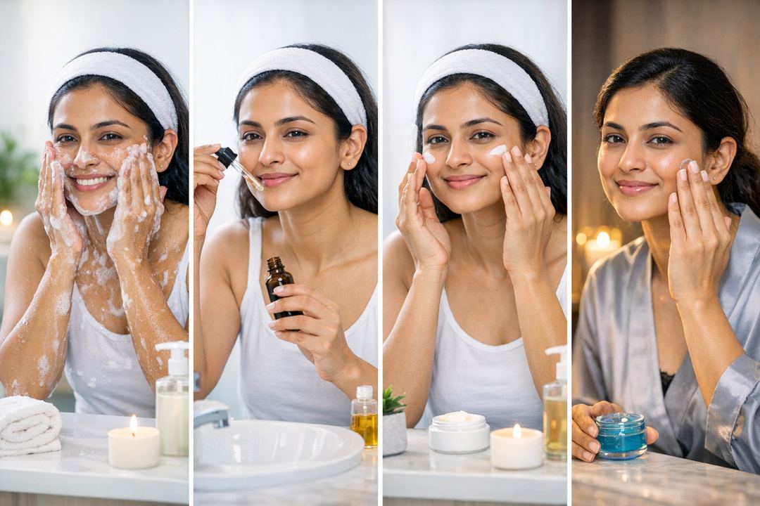 Indian woman following a four-step skincare ritual with cleanser, serum, day cream and night gel at a bathroom sink.
