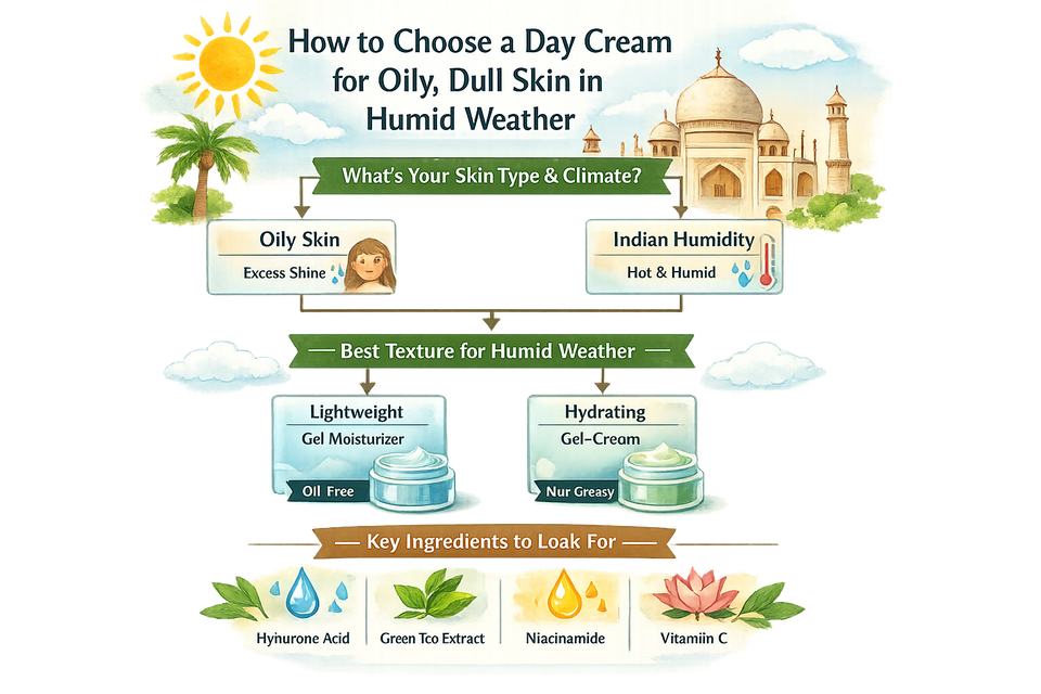 Infographic decision tree showing how to choose a day cream for oily, dull skin in humid Indian weather based on texture and ingredients.
