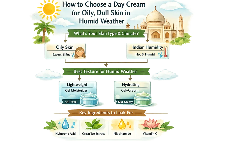 Best day cream for early 20s plus oily skin plus dull skin in humid weather