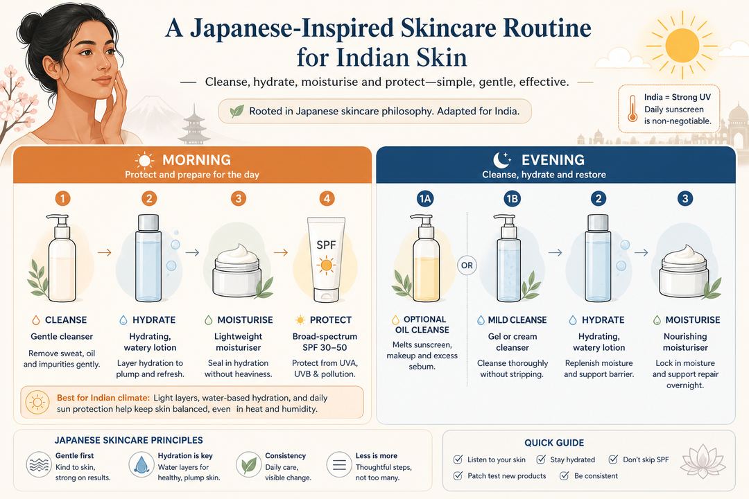 Simple infographic of a Japanese-inspired morning and evening skincare routine for Indian skin, showing cleanse, hydrating lotion, moisturiser and sunscreen.