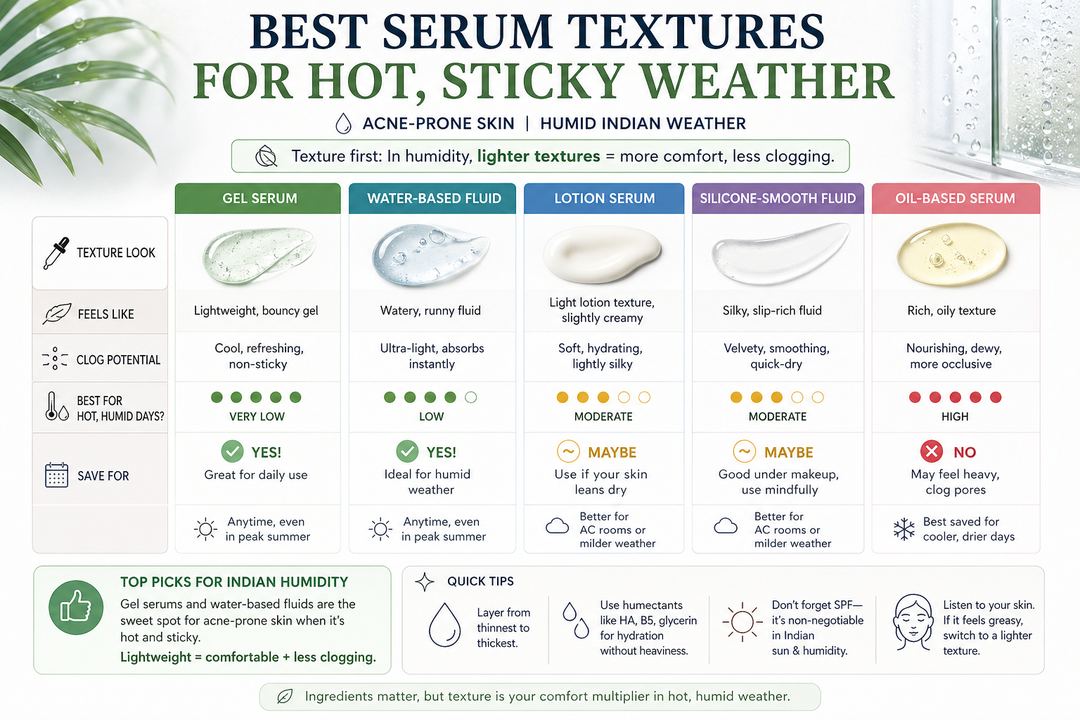 Infographic comparing gel, water-based fluid, lotion, silicone-smooth fluid, and oil-based face serums for acne-prone skin in humid Indian weather.