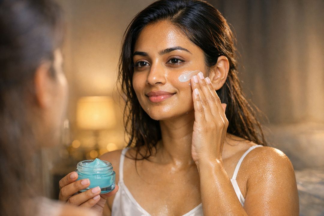 Indian woman with oily skin applying a light night gel in front of a mirror before bed