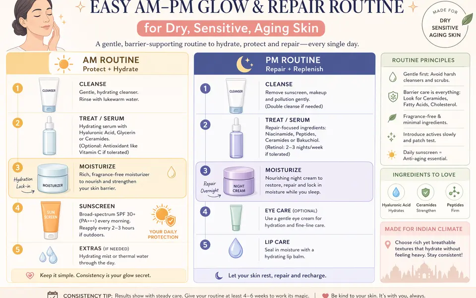 Infographic showing a simple AM and PM routine for aging, dry, sensitive skin, with cleanser, moisturizer, and sunscreen or night cream steps.