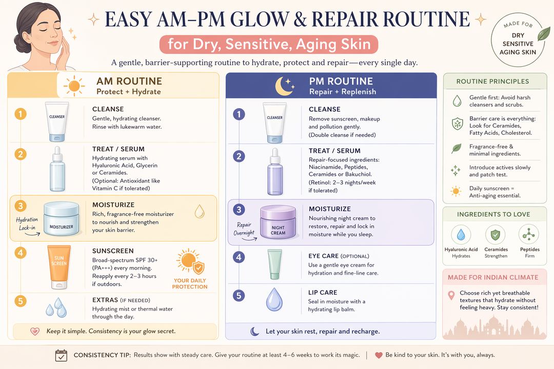 Infographic showing a simple AM and PM routine for aging, dry, sensitive skin, with cleanser, moisturizer, and sunscreen or night cream steps.