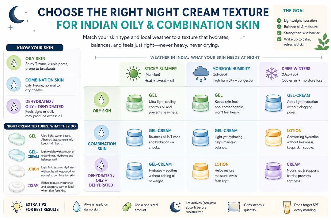 Infographic showing how to choose gel, gel-cream, lotion, or cream textures for oily skin in different Indian weather conditions.