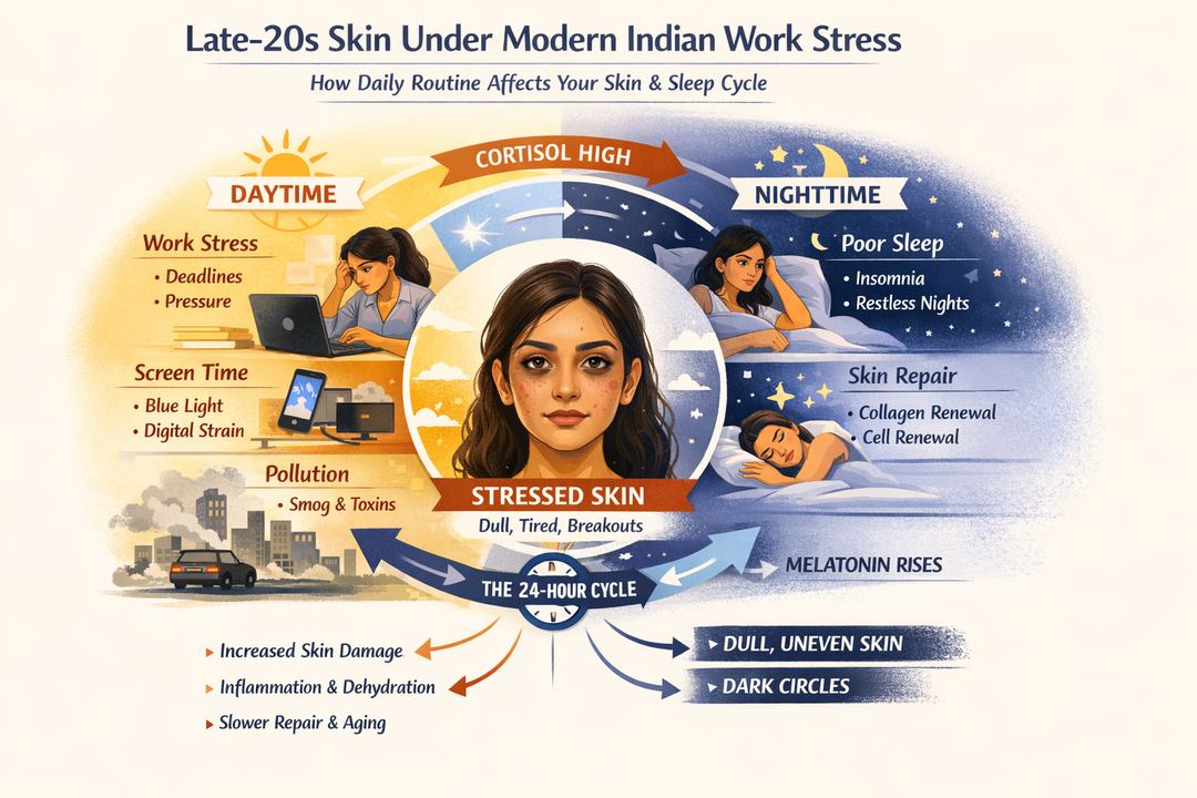 Infographic showing how work stress, screens, pollution, and sleep quality interact to affect late-20s skin glow and texture.
