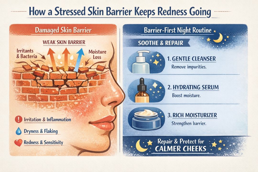Infographic showing a brick-wall skin barrier on the cheek and a simple night routine for red, sensitive skin