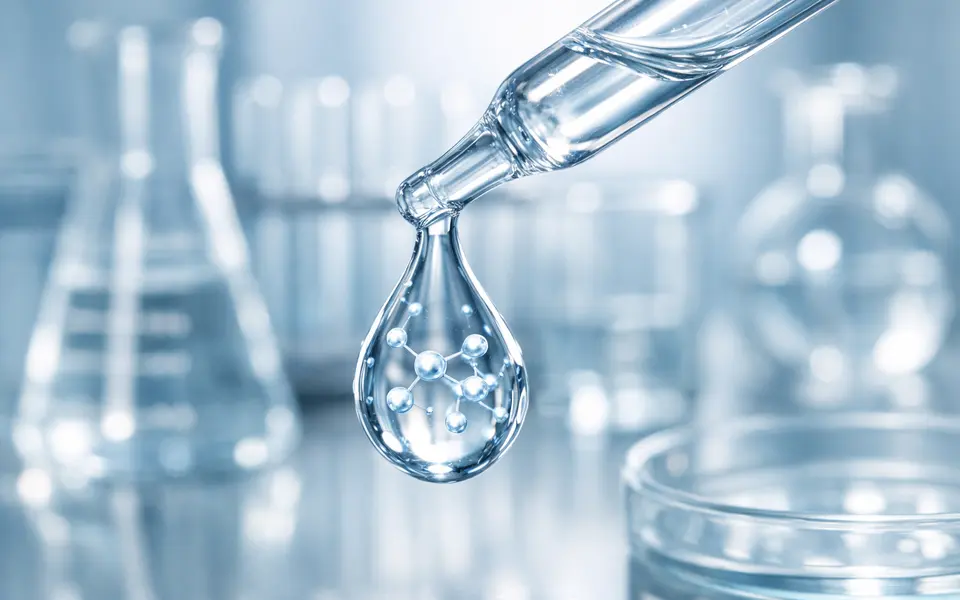 Close-up of a clear peptide serum droplet with lab glassware in the background