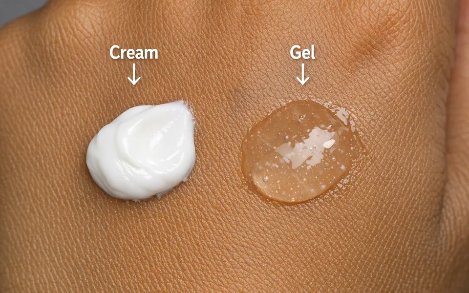 Texture comparison of a thick cream and a translucent gel moisturizer on Indian skin