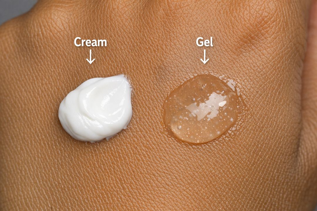 Texture comparison of a thick cream and a translucent gel moisturizer on Indian skin