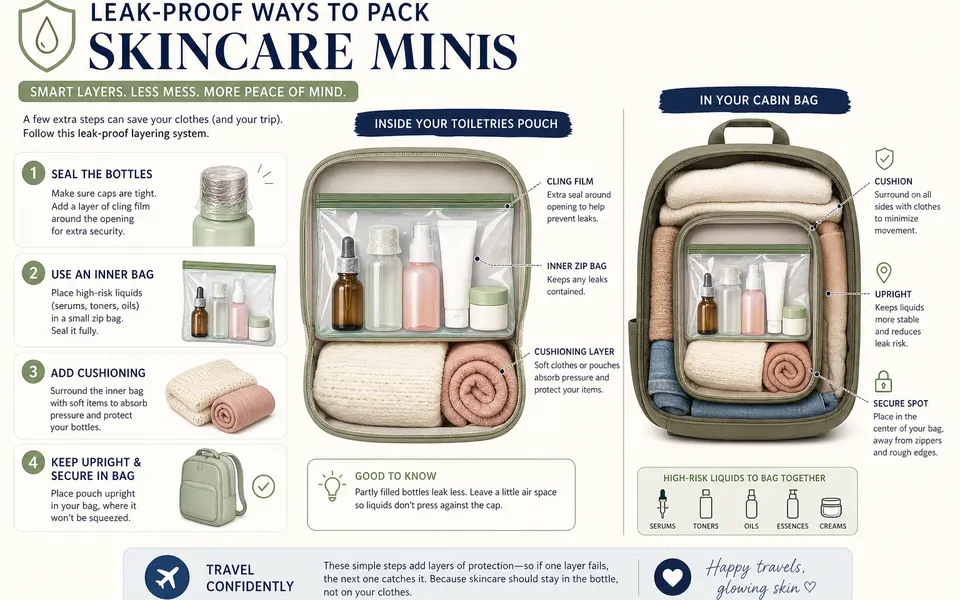 Diagram of a travel pouch showing leak-proof layering: bottles with cling film, inner zip bag, and cushioned placement in luggage.