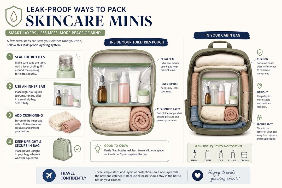 Diagram of a travel pouch showing leak-proof layering: bottles with cling film, inner zip bag, and cushioned placement in luggage.