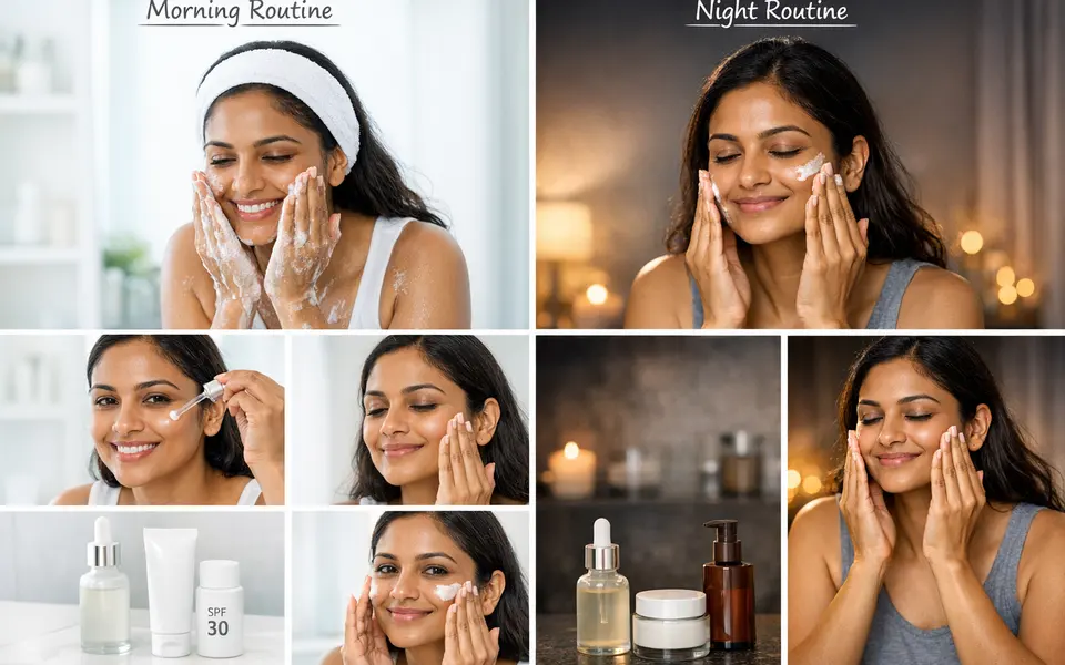 Indian woman following a simple morning and night skincare routine with cleanser, serum, moisturiser and sunscreen.