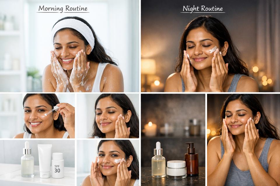 Indian woman following a simple morning and night skincare routine with cleanser, serum, moisturiser and sunscreen.