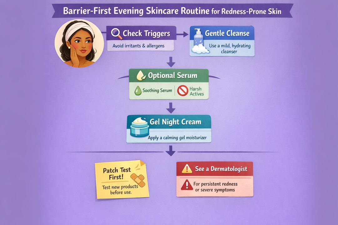 Infographic diagram of a barrier-first evening skincare routine for redness-prone Indian skin, showing gentle cleansing, minimal actives and a gel night cream as the final step.