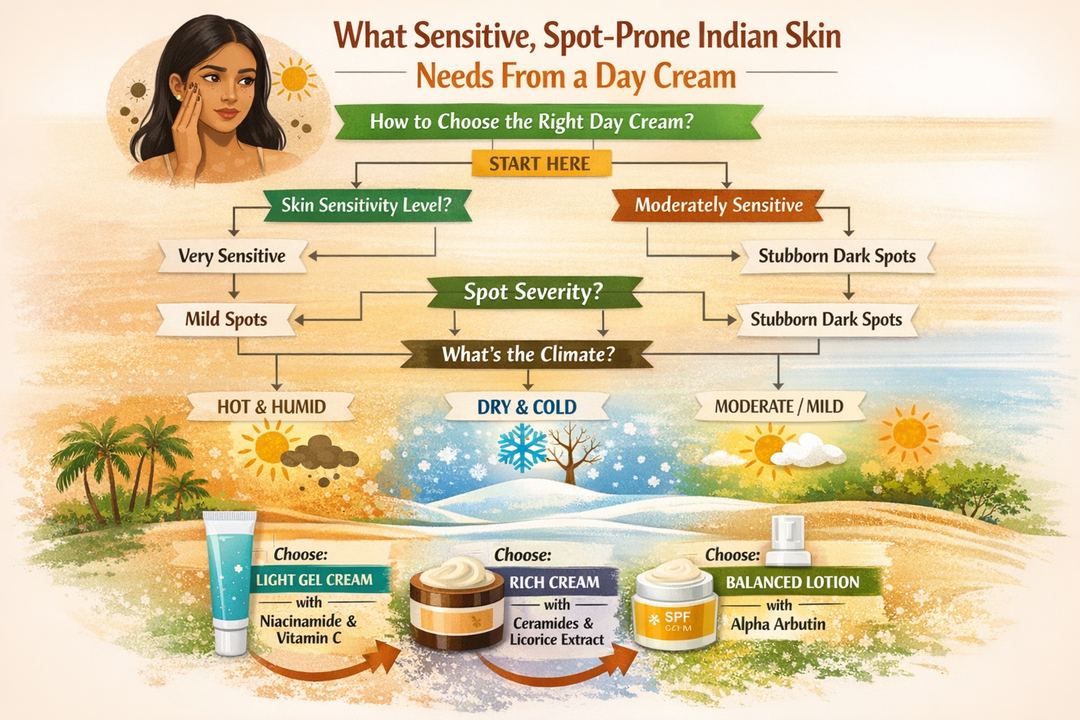 Infographic showing how to choose a gentle brightening day cream for sensitive, dark-spot-prone Indian skin.