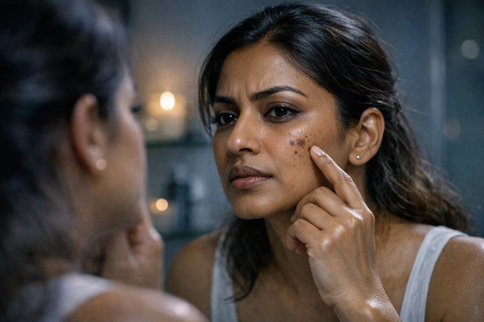 Close-up of a woman with medium-brown Indian skin examining dark spots on her cheek in a bathroom mirror at night.