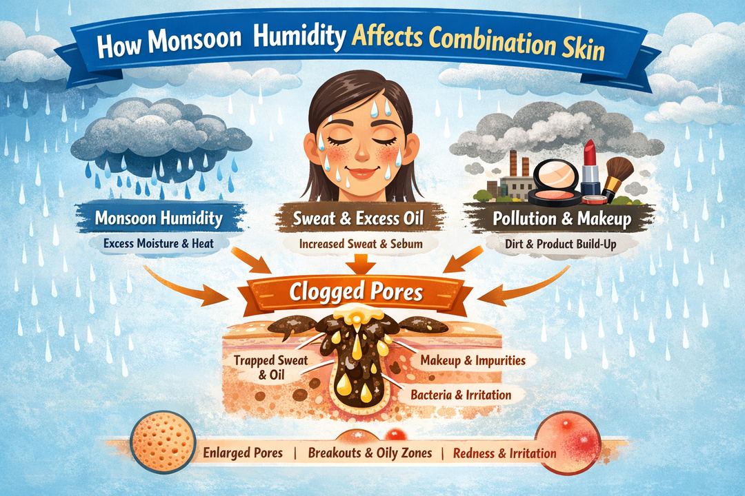 Infographic diagram showing how monsoon humidity affects combination skin and makes pores look larger, with arrows from sweat, oil and pollution to clogged pores.