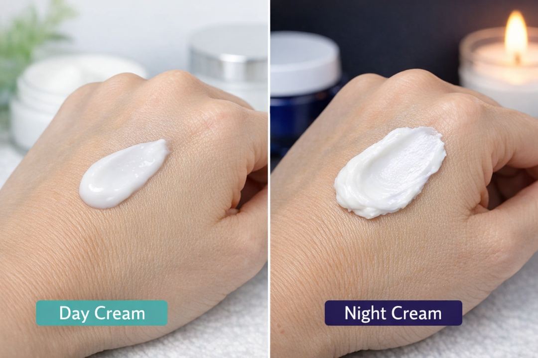 Side-by-side comparison of a light day moisturizer texture and a richer night cream texture on the back of a hand.