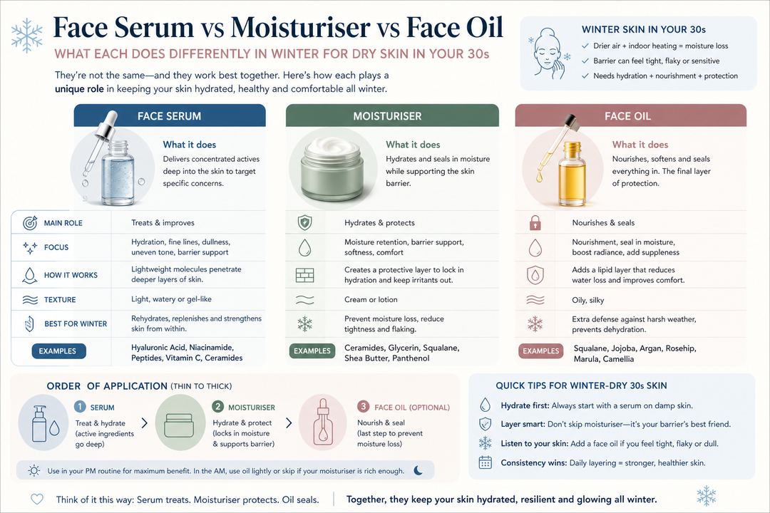 Infographic comparing a face serum, moisturiser, and face oil for winter-dry 30s skin