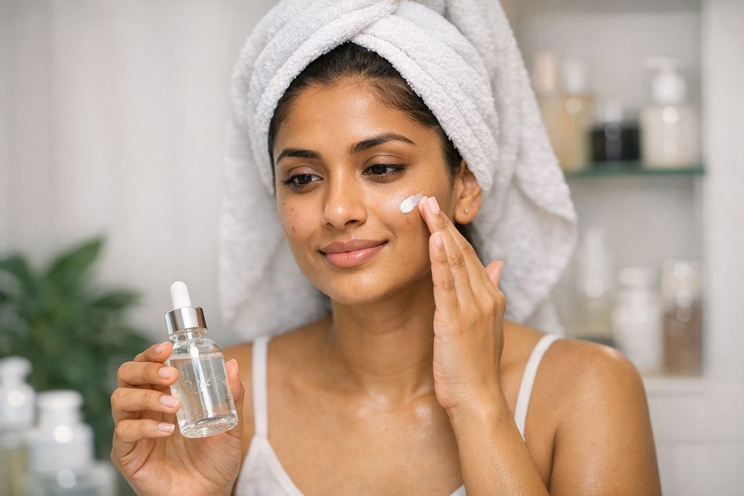 Indian woman with combination skin applying a gentle salicylic acid product while holding a hydrating serum bottle.