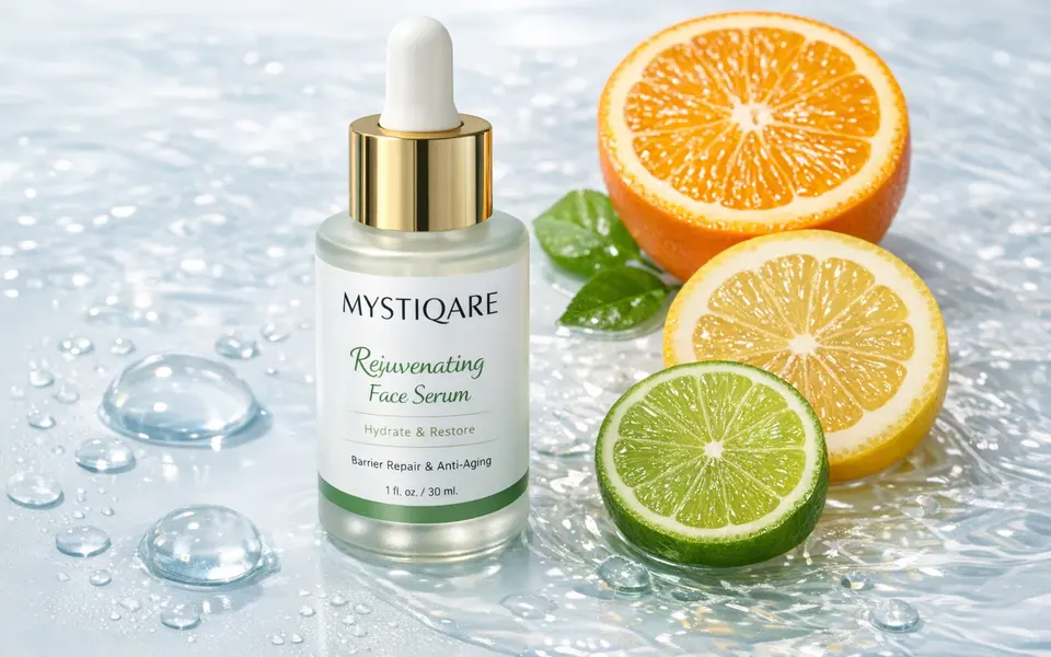 Mystiqare Rejuvenating Face Serum bottle placed next to glassy water drops and citrus slices