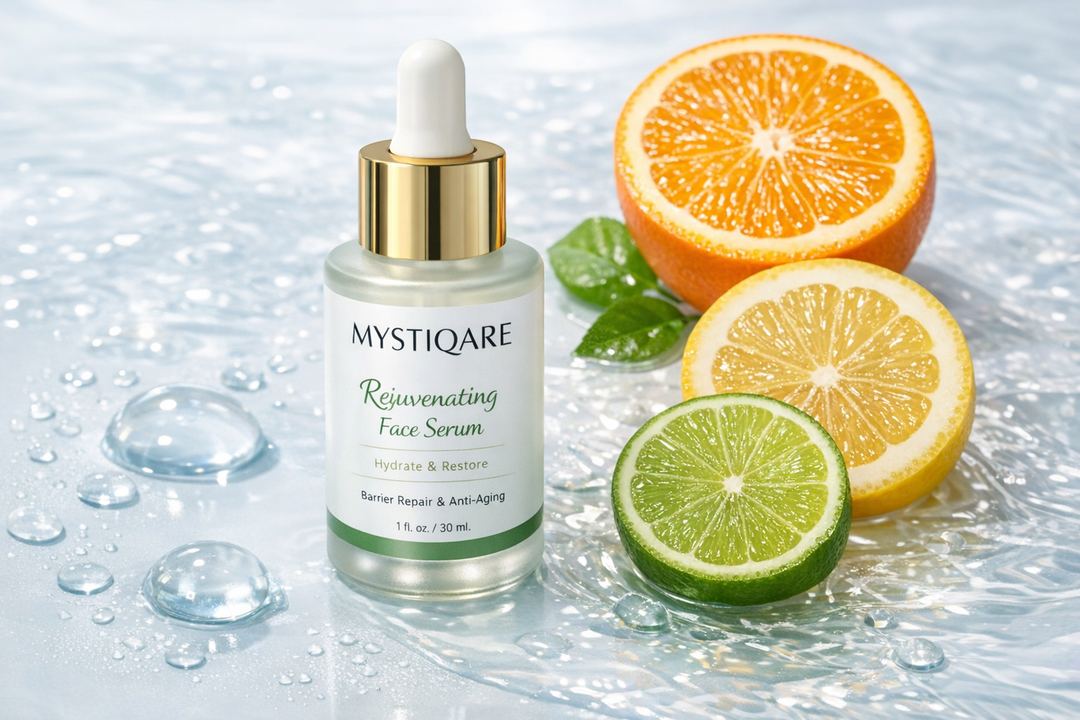 Mystiqare Rejuvenating Face Serum bottle placed next to glassy water drops and citrus slices