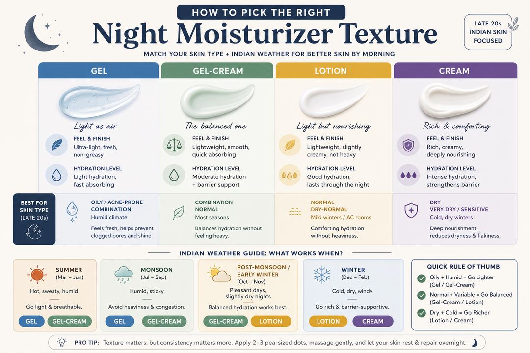 Infographic comparing gel, gel‑cream, lotion and cream night moisturizer textures for late‑20s Indian skin.