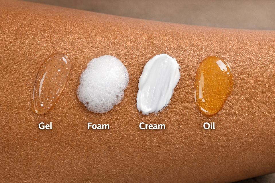 Different cleanser textures – gel, foam, cream and oil – swatched on brown Indian skin.
