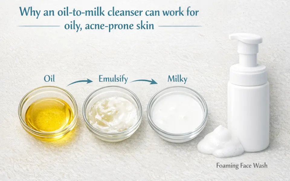 Three glass bowls showing an oil cleanser transforming into a milky emulsion next to a foaming face wash.