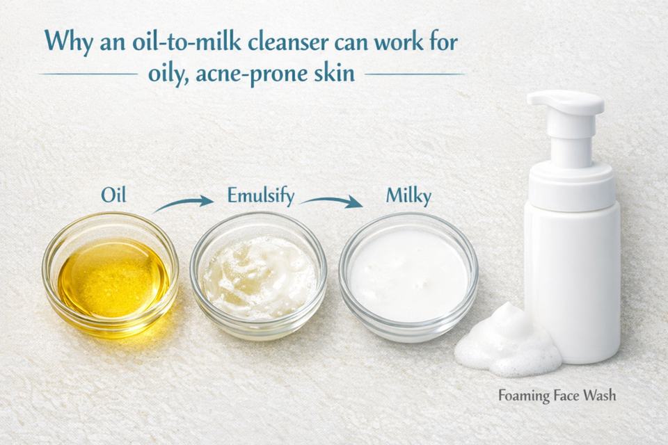Three glass bowls showing an oil cleanser transforming into a milky emulsion next to a foaming face wash.