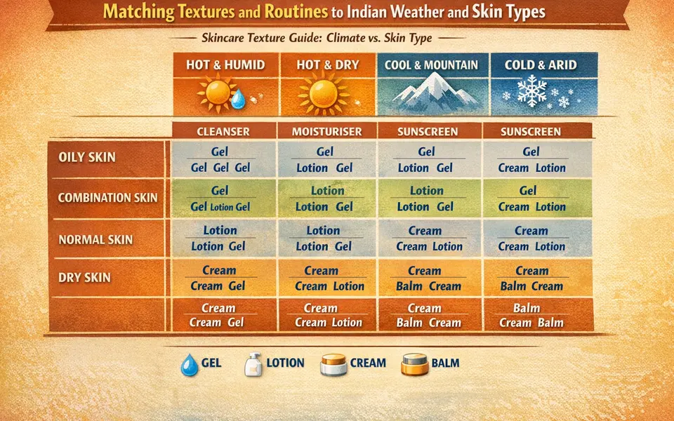 Matrix-style infographic mapping Indian climates and skin types to recommended cleanser, moisturiser and sunscreen textures.